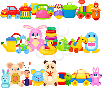 Set of colourful children toys on white background. Vector illustration of rubber, plastic and soft playthings such as teddy bear, transport, various animals and water creatures and educational toys.