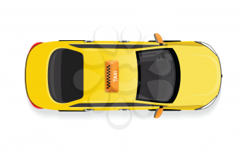 Taxi car top view icon. Yellow taxicab sedan with checker top light box on roof flat style vector illustration isolated on white background. For taxi service app, transport company ad, infographics 