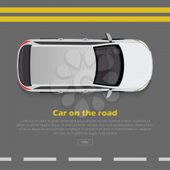 Car on road conceptual web banner. Grey hatchback goes on highway flat style vector illustration. Modern urban transport and city traffic concept. For travel or car rental company landing page design 