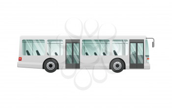 Transport. Urban public transport. White passenger bus with two automatic doors. Fast long four-wheeled mean of transportation. Front and back headlights. Simple cartoon style. Flat design. Vector.