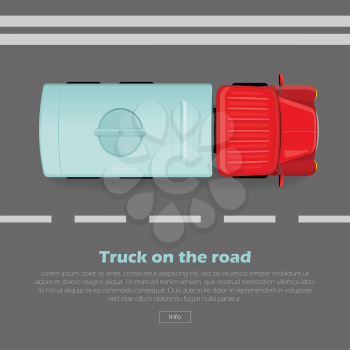 Truck on road conceptual web banner. Truck with tanker goes on highway flat vector illustration. Industrial transport and city traffic concept. For building or transport company landing page design 