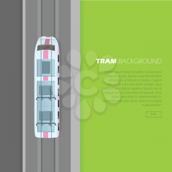Tram background conceptual web banner. Modern tramway on rails from top view flat vector illustration. City ecological public transport. Electric vehicle. For transport company landing page