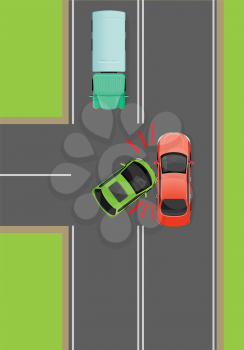 Clash of cars on T-Junction flat vector illustration. Road rules violations example on top view diagram. Traffic offences concept. Car crash and car accident. For insurance company, driving courses ad