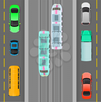 City traffic vector concept. Passenger cars, truck, bus, tramways goes on road top view flat vector illustration. Urban transport. Traffic on town road. For city infographics, web design