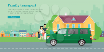 Family transport banner. Big family with children standing near house and minivan flat vector illustrations. Buying new car for family needs. Spacious minibus. For car dealer landing page design
