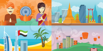 Set of touristic concepts. Vector in flat design. India, Thailand, Japan, United Arab Emirates countries entourage, peoples, architecture and nature. Vacation in Asia. For travel, airline companies ad