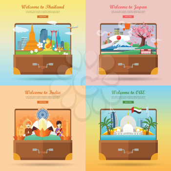 Welcome to Japan, Thailand, India, United Arab Emirates. Set of advertisement banners. Landmarks of asian places of interest on photo in suitcase. Traveling concept. Going to vacation. Vector