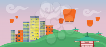 Asian landscape with modern and ancient buildings. Skyscrapers and private houses. Nature and architecture. Chinese pagoda. Sky lanterns. Part of series of travelling around the world. Vector