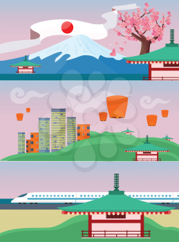Japan travelling banner. Landscape with traditional Japanese landmarks. Skyscrapers and private buildings. Nature and architecture. Part of series of travelling around the world. Sky lanterns. Vector