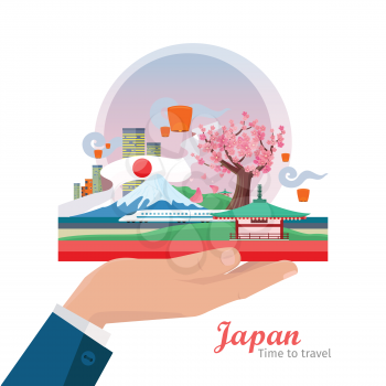 Japan tourism poster design with attractions. Hand holding japanese composition. Time to travel. Japan landmark. Japan travel poster design in flat. Travel composition with famous landmarks.