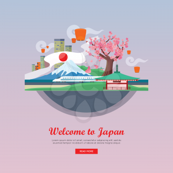 Welcome to Japan concept web banner. Flat style vector. Vacation in Asia. Illustration with city landscape, mount Fuji, air lanterns, sakura, pagoda, train. For travel company landing page design