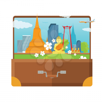 Thailand tourism poster design with attractions. Open suitcase with thai landmarks. Thailand landmark. Thailand travel poster design in flat. Travel composition with famous landmarks.