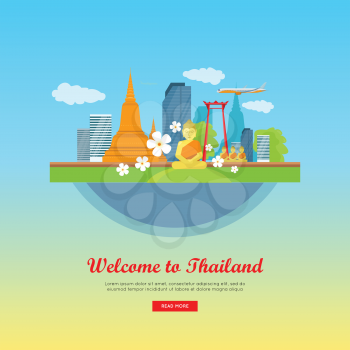 Welcome to Thailand, tourism poster design with attractions. Thailand landmark. Thailand travel poster design in flat. Travel composition with famous landmarks. Website template