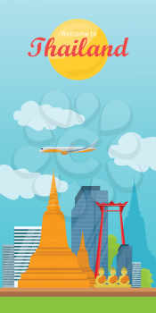 Welcome to Thailand vector concept. Vacation in Asia. Flat illustration of airplane, skyscrapers, Buddhist architecture and monuments. Vertical banner for travel company, international flights ad