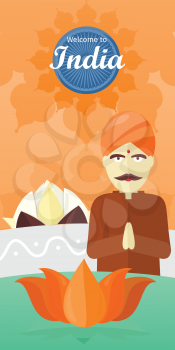 Welcome to India tourism poster. India nature background. Lotus on the water. Man in traditional dress. Lotus sign. Ashoka wheel. Travel around India. India travel poster design. Travel composition.