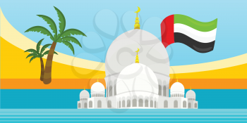 United Arab Emirates travelling banner. Landscape with traditional arabic landmarks. Skyscrapers. Grand Mosques. Nature and architecture. Part of series of travelling around the world. Vector
