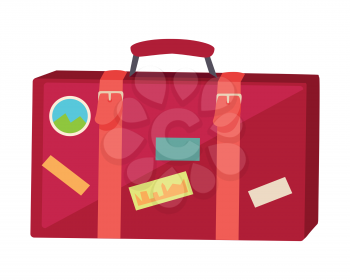 Suitcase with travel stickers isolated on white background. Red leather suitcase with different marks. Travelling conceptual banner. Business travel concept. Vector illustration in flat style.
