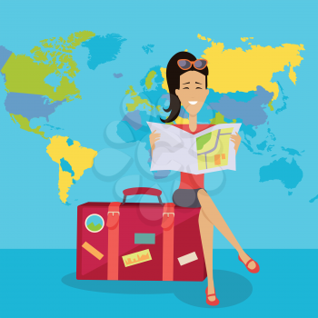 Smiling brunette woman seating on red suitcase and looking in road map. Woman on background of world map. Summer vacation concept. Traveling with baggage illustration. Flat style design.