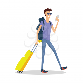 Traveller with luggage makes selfie. Summer vacation concept. Traveling with baggage illustration. Flat style design. Smiling man with trolley suitcase holding phone. Isolated on white background.
