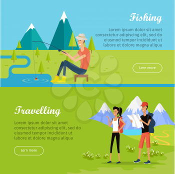 Set of people on vacation vector web banners. Flat style vector. Fishing and travelers concepts. Couple of tourists on mountain meadow with map and man sitting with fishing rod on the river shore 