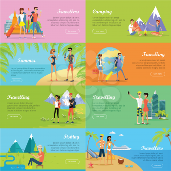 Set of people on vacation conceptual web banners. Flat style vector. Travelers, traveling, fishing, summer, camping concepts. Young woman and man in summer clothes resting in mountains, tropics, city