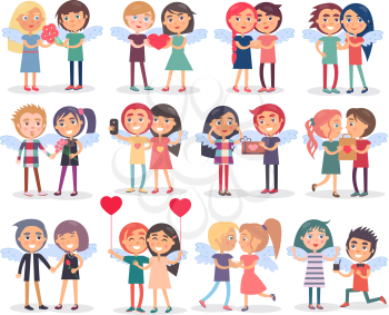 Couples on Valentine s Day on white background. Vector illustration of holiday celebration with giving presents to second half or spending time together. Various variants how celebrate boy and girl