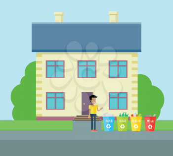 Sorting household trash vector concept. Flat design. Smiling man near house drops garbage in baskets for paper, glass, plastic, metal. Environmental protection, pollution prevention, waste recycling