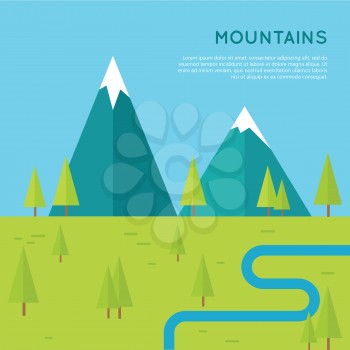 Mountains conceptual vector in flat style design. Meadow with trees, river and snow-capped mountains on the horizon.  Banner for environmental, ecological, touristic concepts and web page design.  