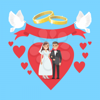 Wedding day concept couple stand on ruddy big heart background with two gold rings and two pigeons holding red wide ribbon. Vector illustration of happy bride in white dress and fiance in black suit