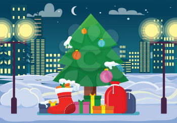 Decorated Christmas tree outdoors. Gift boxes and presents under spruce near two street lamps. Many urban buildings on evening background. Ground covered with snow. Winter 2017 in cartoon style