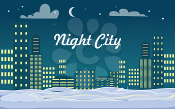 Night city illustration of different buildings with turned on light in flats. Ground covered with snow piles, thin moon and clouds on dark blue sky. Vector winter in cartoon design flat style