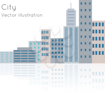 Big city vector on white background. Block of flats with lights off. Day time is shown. Buildings are situated close near by each other. Structures has light reflection in flat style cartoon design