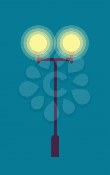 Illustration of isolated street lamp on dark blue background. Torch with long metal pillar and two lighted round lamps. Bright yellow light at evening eventide in cartoon style flat design vector