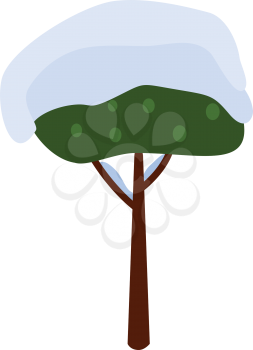 Nice green tree covered with snow on white background vector illustration. Brown thin trunk is as support. Has two long branches and many green fruits, orbed kind of tree isolated part of picture.