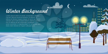 Winter background. Park landscape at Christmas night. Street lamp near trees and wooden bench at dark cold night. Snowy green fir trees and ground. Sky with clouds, moon and stars vector illustration