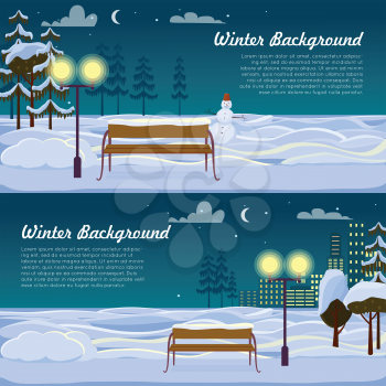 Winter background. Collection of two pictures with benches, street lamps and trees in city park. Snowman behind one bench. Buildings. Evening. Cartoon style. Poster. Web banner. Flat design. Vector