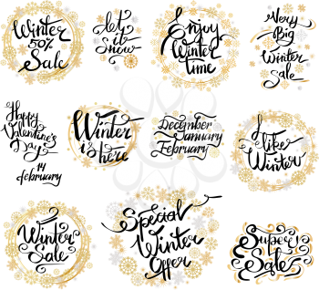 Winter 50 special super sale offer and happy Valentine s day black inscriptions in round labels with golden framing on white. Tags with indications on big super winter discounts in flat style