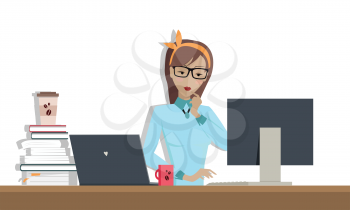 Young woman works on his desktop in office, sitting at desk, looking at computer monitor screen. Woman in glasses personage. Illustration with computer monitor, laptop, stack of books with paper cup.