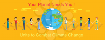 Smiling peoples of all nations holding hands around planet Earth. Vector in flat design. Planet needs you Unite to combat climate change concept. Celebrating International Earth day illustration.