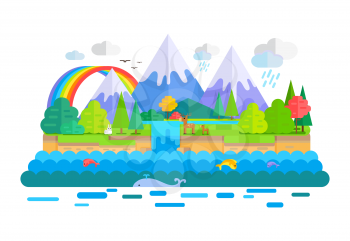 Wild nature landscape vector. Flat style. Illustration with snow-capped peaks, animals, forest, waterfall, rainbow, sea. Banner for summer vacation, ecological, concepts and web page design  