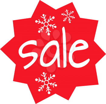 Christmas sale shaped red icon on white background. Enormous discount on presents in big supermarkets and boutiques. Three white snowflakes as decoration elements of label. Vector illustration.