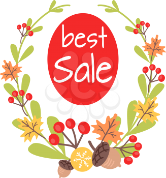 Christmas best sale icon surrounded by beautiful plants wreath on white background. Vector illustration of holiday decor elements fall leaves, red guelder roses and small acorn. Showing shop discounts