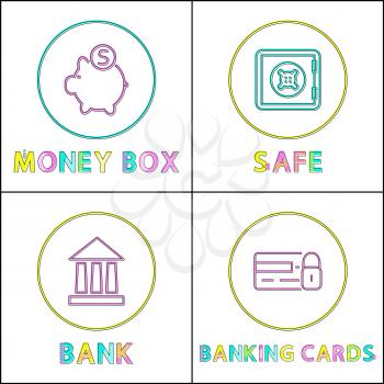 Money box and safe, bank and banking cards lock set. Icons with pig and coins. Strongbox locked firmly, institution isolated on vector illustration