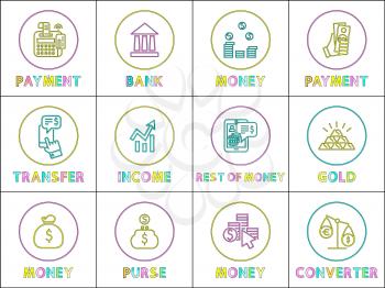 Payment and bank money and transfer. Income and gold, purse with coins and converter icons set. Transactions services isolated on vector illustration