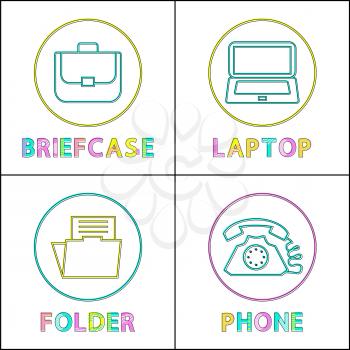 Briefcase and folder, means of communication phone and laptop framed illustration. Office worker necessities or gear vector icon set in line art style.
