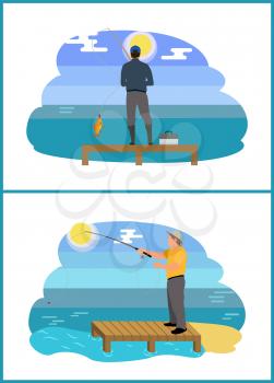 Fishermans colorful banners isolated on white background vector illustrations, male hobby, sunny weather and calm water, image of ponds for fishing