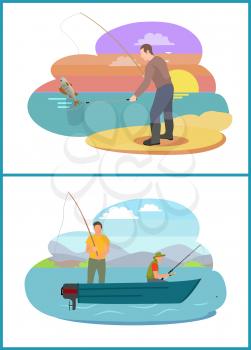 Fishing fisherman from motorboat and from bank. Standing and sitting fishers with fish-rods and landing net, isolated on landscape vector illustration