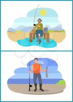 Fishing fisherman from platformand from bank. Standing and sitting fishers with fish-rods and full bucket, isolated on landscape vector illustration