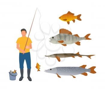 Set of various water inhabitants and fisherman isolated on white background vector illustration of man with fishing-rod and full bucket with haul