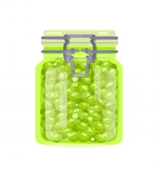 Preserved pea in unlabeled glass jar with metal clip cap. Green pickled legume homemade conservation vector illustration in cartoon style isolated.